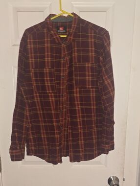 Quiksilver Burgundy and Yellow Plaid Button-Down Shirt